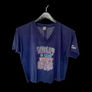 70's Jerzees Russell Navy V-Neck Crop T-Shirt Terrific Gal Glitter‎ L Raw Hem